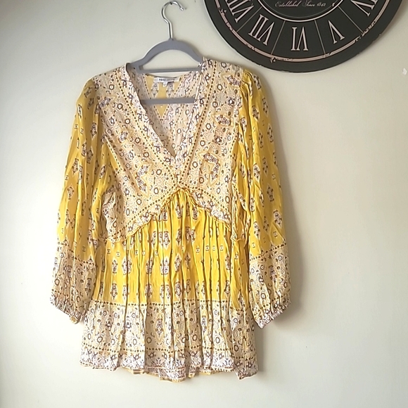 Anthropologie Prairie Boho Baby Doll Blouse V-neck print balloon Sleeves SZ L - Picture 2 of 12